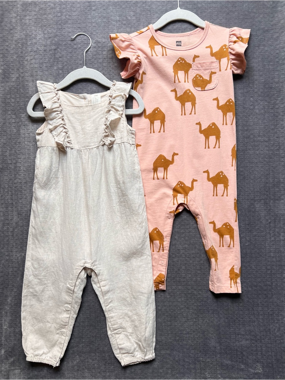 Lot of 2 Tea Collection Ruffle Shoulder Baby Romper, H&M Linen Jumpsuit 18 mo